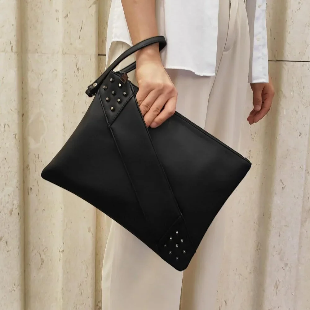 Women Clutch Purse PU Leather Crossbody Bag Envelope Wrist Strap Black